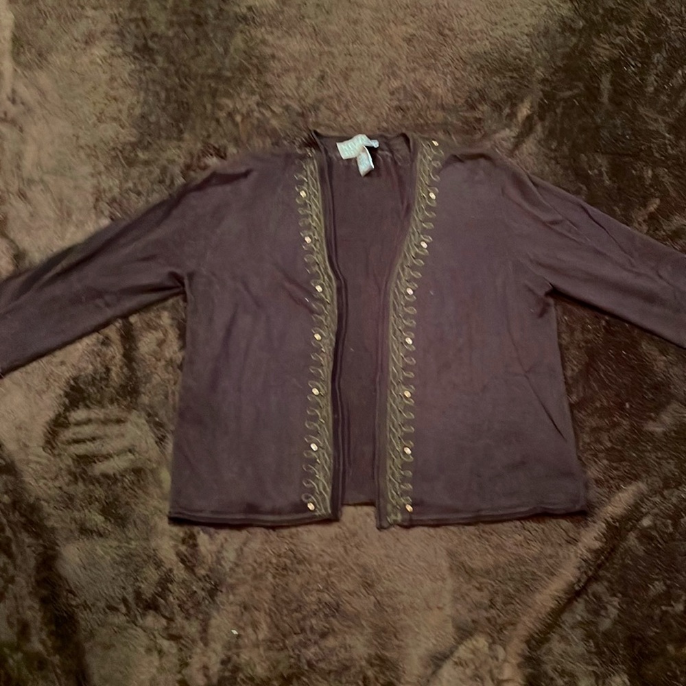 Brown rayon sweater cardigan with design. Petite large size. Waist length